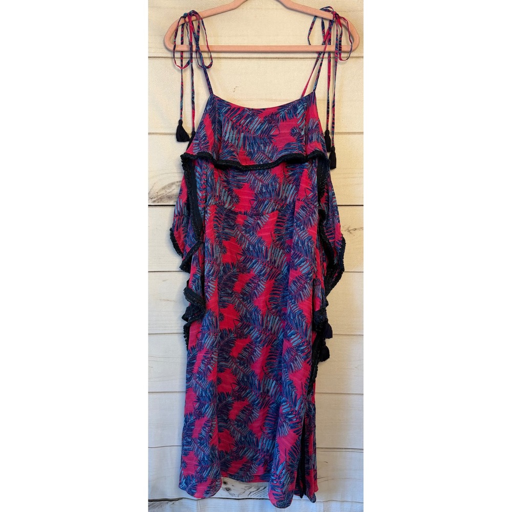 Tanya Taylor Pink Blue Palm Print Silk Tassel Tie Strap Ruffle Midi Dress 2